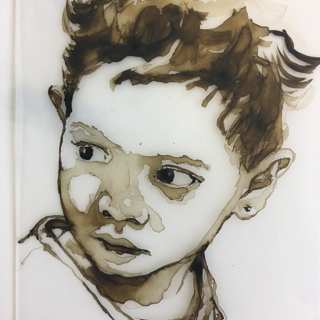 One of many beautiful  Chicago Heartland Alliance refugee children from the series Stories of Hope, watercolor on acrylic plate 5” x 7”