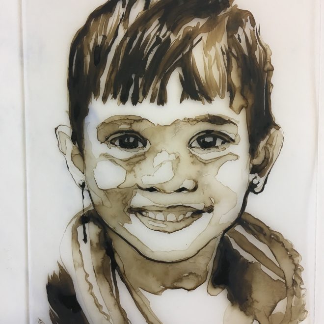 One of many beautiful  Chicago Heartland Alliance refugee children from the series Stories of Hope, watercolor on acrylic plate 5” x 7”