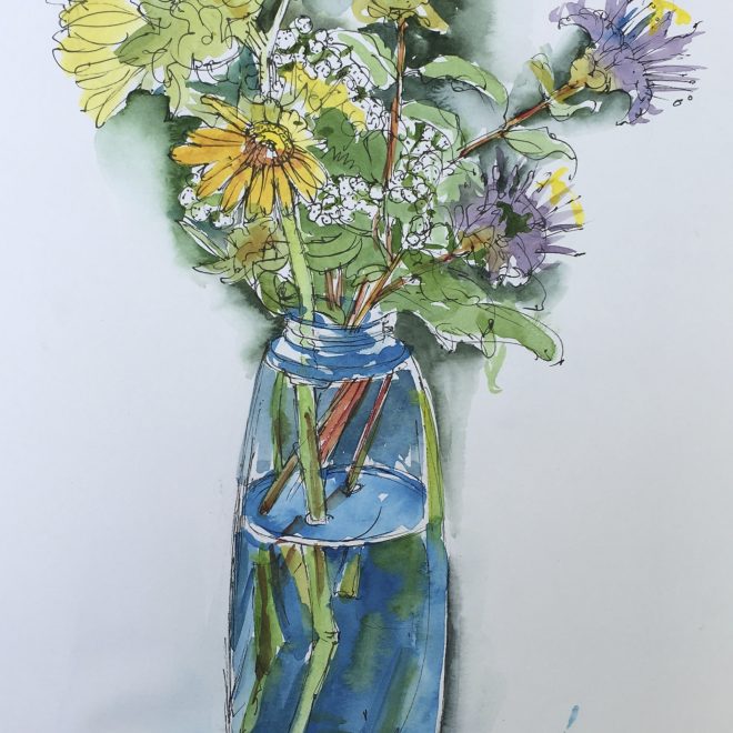 "Illinois Wildflowers, Blue Vase" ink and watercolor 9"x12"