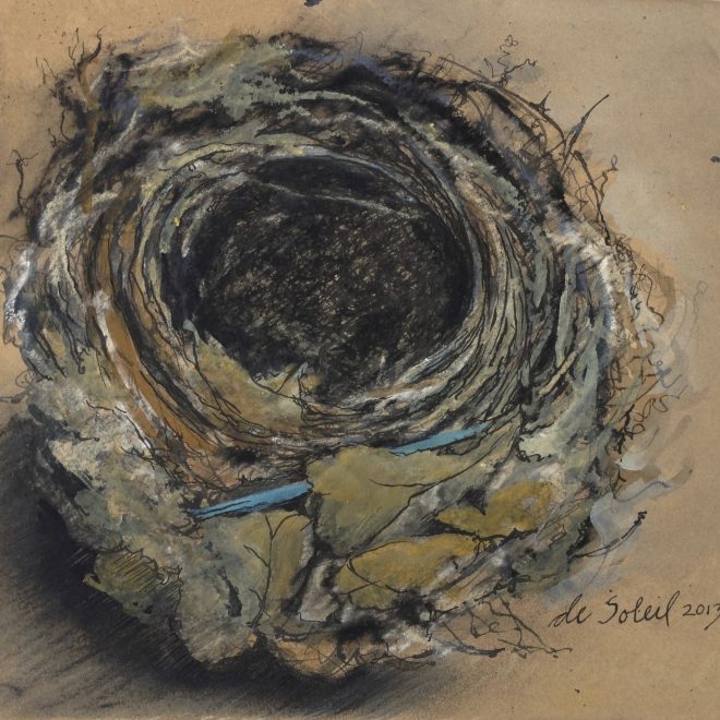 "Nest with Blue Plastic" mixed media on walnut-dyed Arches paper 9x9"