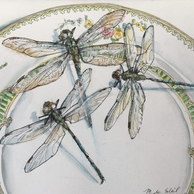 "3 Dragonflies, Green Plate" mixed media on paper 9x6.5"