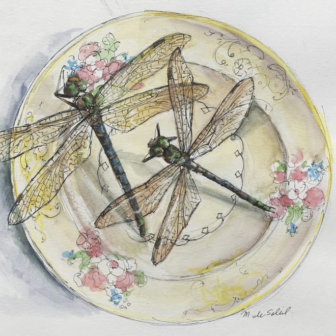 "2 Dragonflies, Yellow Plate" mixed media on paper 8.5x 8.5"