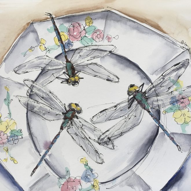 "3 Dragonflies, Diagonal Plate" 9x12"