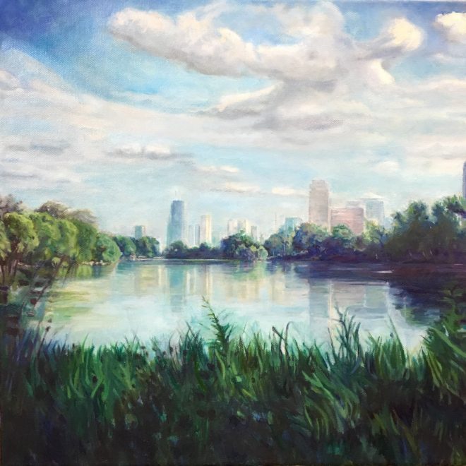 North Pond, Lincoln Park, oil on canvas 16” x 16”