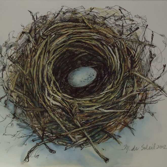 "Nest with Blue Egg" mixed media on paper 9x9"