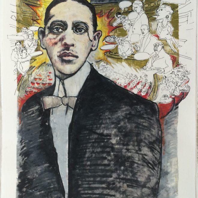 Igor Stravinsky from the series “1913”, monotype silkscreen on lithography, 22” x 15”