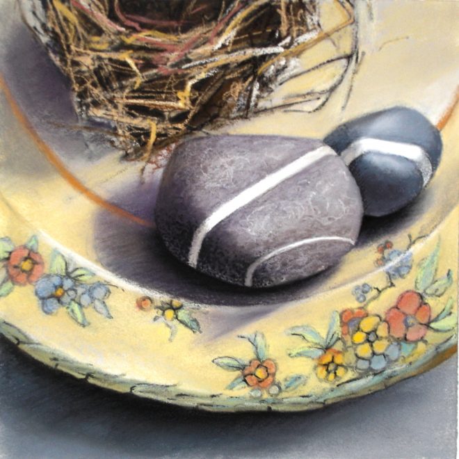 "Two Stones, One Nest" chalk pastel and ink on Arches paper 12" x 12"