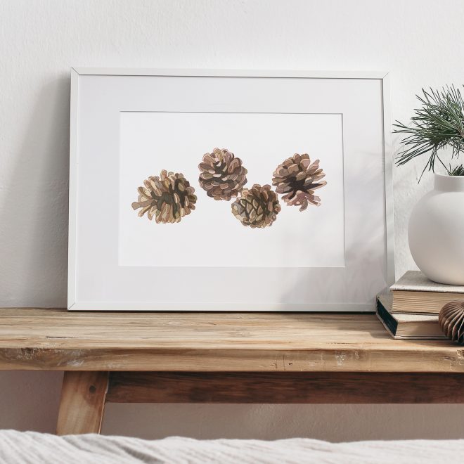 Winter still life. Horizontal white frame mockup on vintage wooden bench, table. Modern white ceramic vase with pine tree branches, Christmas paper ornaments and books. White wall background.