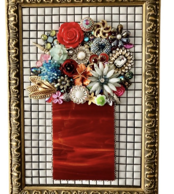 4-Toby Renee Designs Vintage Tile Mosaic with Red Stained Glass and Jewelry